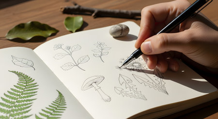 A close-up of a person's hand using a fine-liner pen to draw botanical illustrations in an open sketchbook. The page features detailed line drawings of a fern, mushroom, and various flowers, with natural objects like a leaf and stone nearby.の素材