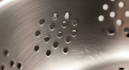A close-up, macro abstract shot of a stainless steel colander or strainer. The focus is on the pattern of punched holes on the curved, brushed metal surface, which shows some scratches.の素材