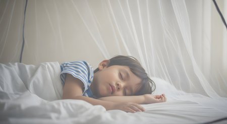 A young boy in a blue and white striped shirt sleeps peacefully in bed under a sheer white mosquito net. His face is relaxed, and he is covered by a white blanket. This image evokes innocence, rest, safety, and protection from insects.の素材