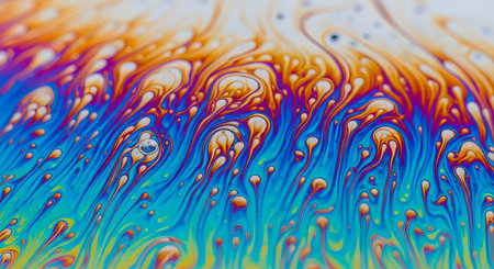 An extreme macro photograph of the surface of a soap bubble, showing a vibrant, swirling abstract pattern of iridescent colors. The psychedelic waves of orange, blue, purple, and yellow are caused by light interference.の素材