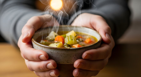 A close-up shot of a person's hands holding a rustic ceramic bowl filled with hot, steaming vegetable soup. The soup contains visible chunks of carrot, celery, and potato, evoking feelings of comfort, warmth, and a healthy homemade meal.の素材