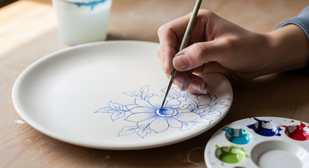 A close-up of a person's hand holding a fine-tipped paintbrush, carefully painting an intricate blue floral design onto a white ceramic plate. A paint palette with various colors is visible on the wooden table, illustrating a pottery or craft hobby.の素材