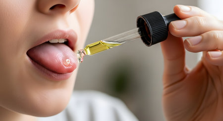 A close-up macro shot of a woman's open mouth, with her tongue out to receive a drop of yellow oil from a glass dropper. This often represents taking CBD oil, hemp tincture, or other supplements sublingually.の素材