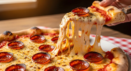 A delicious slice of pepperoni pizza is being lifted from the whole pie, showing a dramatic, stringy cheese pull. The pizza has a golden crust, red tomato sauce, and is topped with mozzarella and pepperoni slices.の素材