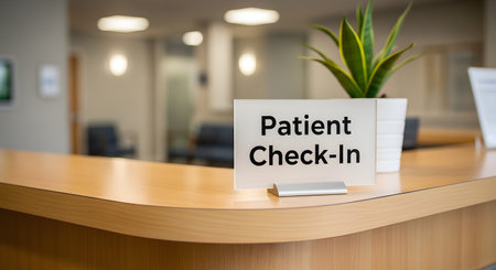 A 'Patient Check-In' sign on a modern wooden reception desk in a hospital, clinic, or doctor's office. The background is a clean, blurred waiting room with a plant.の素材