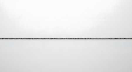 A minimalist image of a single, straight horizontal line of black thread positioned in the center of a plain, textured white paper background. The stark contrast and simplicity create a clean, graphic look.の素材