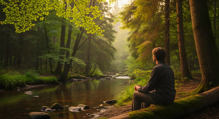 A man sits alone on a mossy log by a calm river in a serene, green forest. He is seen from behind, peacefully contemplating the tranquil natural scenery with sunlight filtering through the trees. This image conveys peace, solitude, and mindfulness.の素材