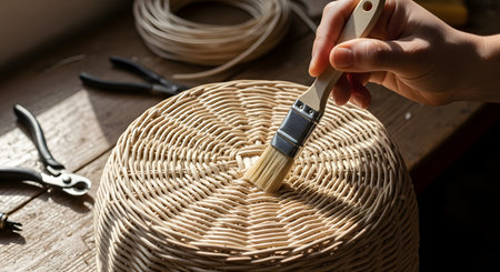 An artisan's hand applies a finish or cleans a newly woven wicker basket with a paintbrush. The scene, set in a rustic workshop with tools and rattan coils in the background, represents traditional basket weaving, handmade crafts, and small business.の素材