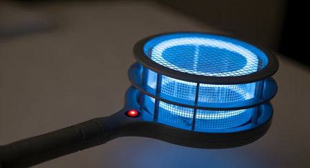 An electric mosquito swatter, or zapper racket, is turned on, glowing with a bright blue UV light in a dark room. The red indicator light is also on, showing the device is active and ready to kill insects.の素材
