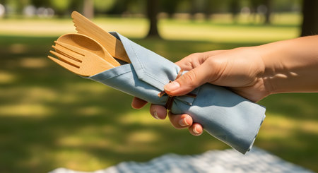 A person's hand holds a reusable bamboo cutlery set, including a fork, spoon, and knife, rolled in a blue cloth napkin. The background is a blurry, sunny green park, perfect for an eco-friendly picnic.の素材
