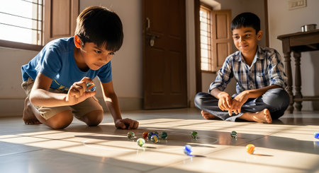 Two young Indian boys are playing a traditional game of marbles (kelereng) on a tile floor inside a home. One boy kneels to aim his marble, while his friend watches, both illuminated by warm sunlight from a window.の素材