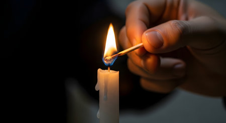 A close-up of a hand holding a lit match to the wick of a white candle in a dark room. The bright flame illuminates the candle as it begins to burn.の素材