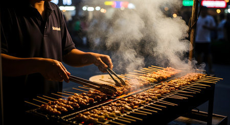 A street food vendor is grilling numerous meat skewers (satay) on a long charcoal grill, creating a large plume of smoke. The vendor's hands are visible, using tongs to turn the skewers at a bustling night market.の素材