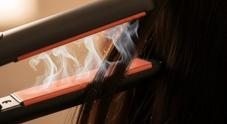 A close-up of a hot hair straightener with ceramic plates, clamping down on a section of dark hair. Steam is rising from the hair, indicating heat and moisture. This image represents hairstyling, beauty, and potential heat damage.の素材