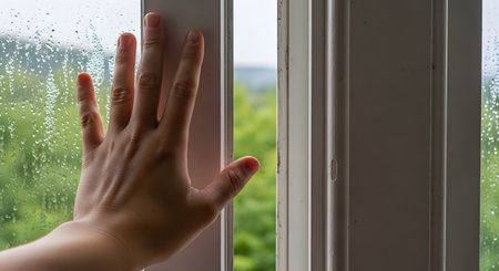 A person's hand rests on the frame of an open window, which is covered in condensation and raindrops. Outside, a lush green, blurred background of trees is visible, suggesting a rainy or humid day.の素材