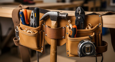 A brown leather tool belt is filled with various construction tools, including a hammer, pliers, screwdrivers, and a tape measure. The belt is resting on a wooden structure in a workshop, with wood shavings visible in the pockets.の素材