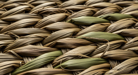 A close-up, angled macro shot of a woven placemat or basket. The texture shows a tight weave of natural fibers, primarily brown with some green-dyed strands, creating a rustic pattern.の素材