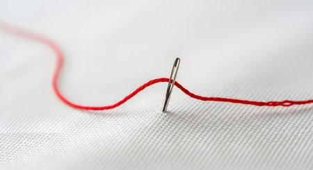 A close-up macro photograph of a single red thread successfully passed through the eye of a silver sewing needle. The needle is stuck in a piece of white, textured fabric, symbolizing connection, precision, or tailoring.の素材