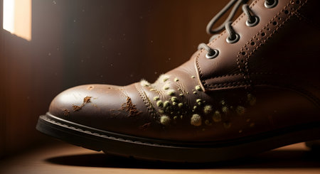 A close-up of an old, neglected brown leather boot with green and white mold and mildew growing on its surface. The boot is in a dim room with a beam of light highlighting the decay. This image represents dampness, neglect, and fungal growth.の素材