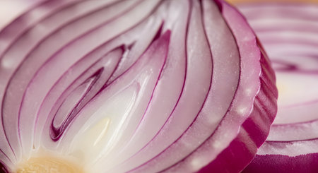 An extreme macro, close-up shot of a sliced red onion, revealing its intricate internal layers in shades of purple, white, and violet. The detailed pattern and texture of the vegetable are the main focus, representing fresh food and ingredients.の素材