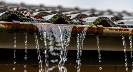 Water cascades over the side of a rusty, old gutter that is clogged with moss and leaves. The scene takes place during a rainstorm, with water pouring down from the mossy roof tiles. This image illustrates the need for gutter cleaning and home maintenance.の素材