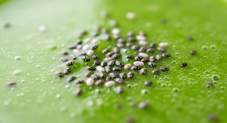 A close-up macro shot of chia seeds sprinkled on the surface of a vibrant green liquid, likely a smoothie or matcha latte. The liquid has small bubbles, and the seeds are in sharp focus. This image represents superfoods and healthy eating.の素材