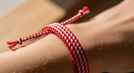 A close-up shot of a person's wrist wearing a handmade woven friendship bracelet. The bracelet features a red and white geometric pattern and is tied with simple knots. The sunlight hits the arm, highlighting the texture of the skin and the threads.の素材