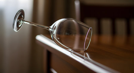 An empty wine glass is lying on its side, tipped over on the edge of a polished wooden table. The soft, out-of-focus background suggests an indoor setting, and the image can evoke feelings of an accident, an end of an evening, or loneliness.の素材
