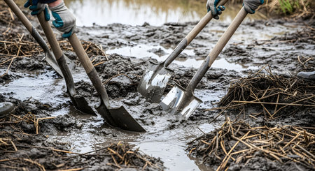 Close-up shot of three shovels being used to dig and move thick, wet mud. The workers, wearing gloves, are engaged in hard manual labor, possibly for construction, agriculture, or a cleanup project in a flooded area.の素材