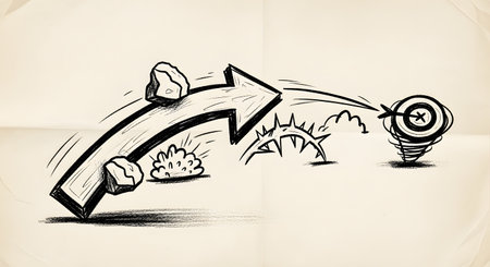 A hand-drawn sketch on folded paper illustrating the concept of overcoming challenges to reach a goal. A large arrow navigates over and around obstacles like rocks and spikes to precisely hit the bullseye of a target. This represents strategy, perseverance, and success.の素材