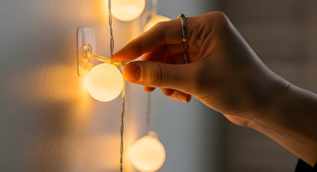 A close-up of a person's hand, wearing a ring, as they hang a string of warm, glowing globe-style fairy lights. The wire is being attached to a clear, adhesive hook on a plain white wall. The image evokes a cozy, warm ambiance and the concept of home decoration or DIY projects.の素材
