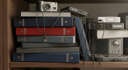 A wooden bookshelf cluttered with old, obsolete technology and stacks of books. Items include a digital camera, a handheld gaming device, binders, and other retro electronics, all tangled in wires. The scene evokes nostalgia for 90s or 2000s tech.の素材