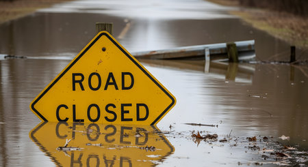 A yellow diamond-shaped 'ROAD CLOSED' sign is partially submerged in murky floodwater that covers a road. The sign's reflection is visible in the water, and a blurred guardrail and background hint at the flooded street ahead.の素材