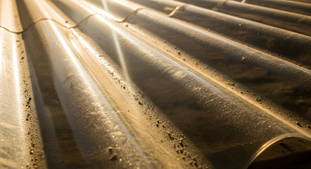 A close-up, angled view of a dusty, translucent corrugated roofing sheet, with sunlight creating highlights and shadows. The texture of the dust and the wavy pattern of the material create an abstract, textured background.の素材