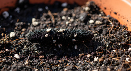 A macro, close-up photograph of a sea cucumber (teripang) resting on dark, moist soil mixed with perlite. The detailed texture of the organism is highlighted by the bright, direct sunlight.の素材