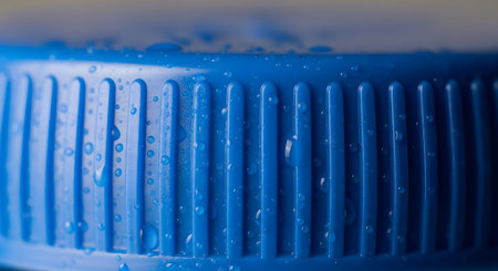 A macro photograph captures the intricate details of a blue plastic bottle cap covered in small water droplets. The ribbed texture of the cap is prominent, creating a pattern of vertical lines and highlighting concepts of freshness, hydration, and packaging.の素材