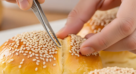 A macro close-up of a person's hands using metal tweezers to meticulously place a single sesame seed on a golden-brown, shiny bread roll. The roll is already covered in many sesame seeds, suggesting perfectionism in food styling or baking.の素材
