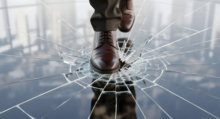 A powerful conceptual image of a businessman's polished leather shoes taking a step and shattering a glass surface, like a floor or ceiling. This represents breaking barriers, overcoming obstacles, achieving a breakthrough, or taking a significant risk in business.の素材