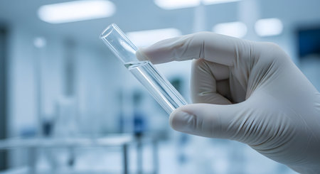 A close-up of a scientist's hand in a white latex glove holding a glass test tube filled with a clear liquid. The background is a blurred, sterile laboratory environment, suggesting research, medical analysis, or scientific experimentation.の素材