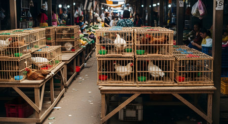 Live chickens are held in stacked wooden cages at a busy, open-air food market, likely in Asia. The scene shows poultry for sale, with people and other stalls blurred in the background. This image represents a traditional market and local commerce.の素材