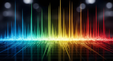 A vibrant digital illustration of a rainbow-colored audio spectrum or soundwave on a dark, blurred background. The sharp peaks and valleys represent music, sound frequency, or an equalizer display. The image concepts include audio technology, music production, and data visualization.の素材