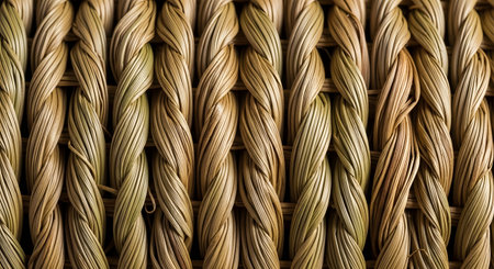 An extreme macro close-up of a woven basket, showing the intricate, vertical pattern of braided natural fibers. The texture consists of dried straw, rattan, or seagrass in shades of beige and light green.の素材