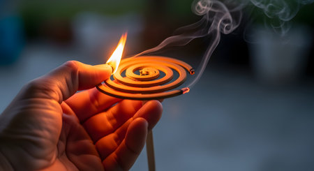A close-up of a hand holding a mosquito repellent coil, using a match or lighter to ignite it with a bright flame. The coil is smoking, and the background is a blurred dusk or evening setting. This represents insect control and outdoor summer evenings.の素材