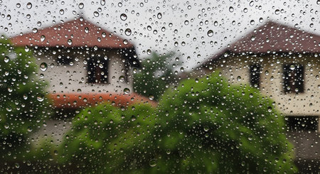 A view through a window covered in numerous raindrops on a rainy day. Outside, a blurry background shows green trees and houses with tiled roofs. The focus is on the raindrops, creating a moody and wet atmosphere.の素材
