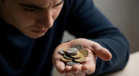 A young man looks down with a concerned expression at a small handful of coins, counting his money. The dim lighting and close-up focus on his face convey feelings of financial hardship, poverty, or the stress of budgeting.の素材