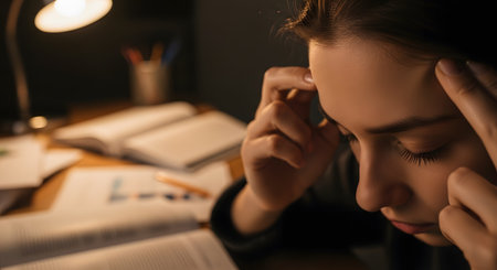 A close-up of a stressed young woman or student studying late at night. She has her fingers to her temples, her eyes are closed, and she looks tired or has a headache. An open book, papers, and a desk lamp are on the desk in front of her.の素材