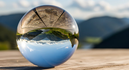 A clear crystal ball, or lensball, sits on a rustic wooden surface with deep cracks. The ball reflects an inverted image of a green mountain landscape, a lake, and a bright blue sky, while the background shows the same landscape out of focus. This image evokes concepts of perspective, clarity, and nature.の素材