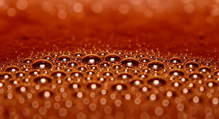 An abstract macro shot of numerous glistening bubbles on a rich, reddish-brown liquid surface. The shallow depth of field creates a beautiful bokeh effect, focusing on a central band of bubbles, suggesting beverages like cola, coffee, or beer.の素材