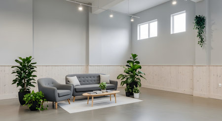 A bright, spacious, and minimalist living room or studio interior with light gray walls and a concrete floor. A modern gray sofa and armchair sit on a rug, flanked by large potted plants, creating a clean, Scandinavian-inspired design. Natural light comes from high windows.の素材