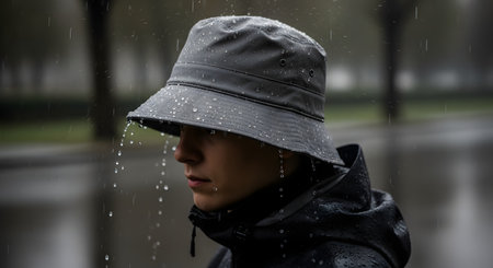 A close-up profile of a person wearing a dark grey, waterproof bucket hat and a matching rain jacket. Raindrops are visible on the hat and jacket, with some dripping off the brim. The background is blurred, suggesting a gloomy, rainy day outdoors.の素材